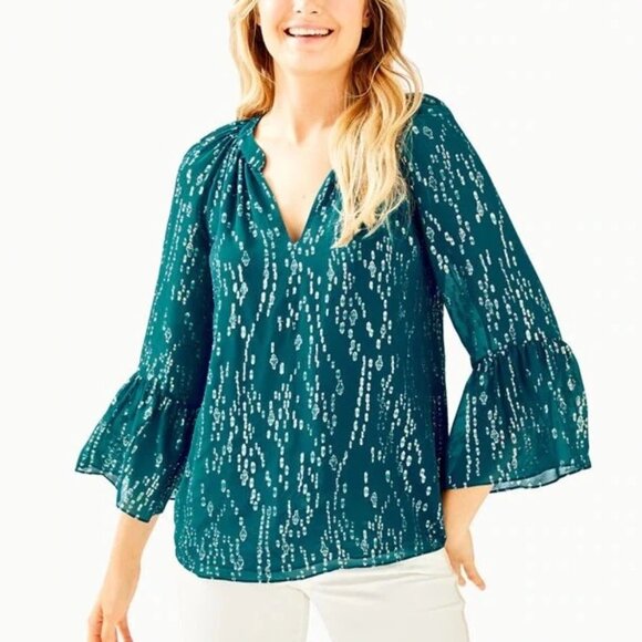 $178 NEW Lilly Pulitzer MATILDA SILK TOP Inky Tidal FISH GOLD Clip Chiffon M - Picture 1 of 12